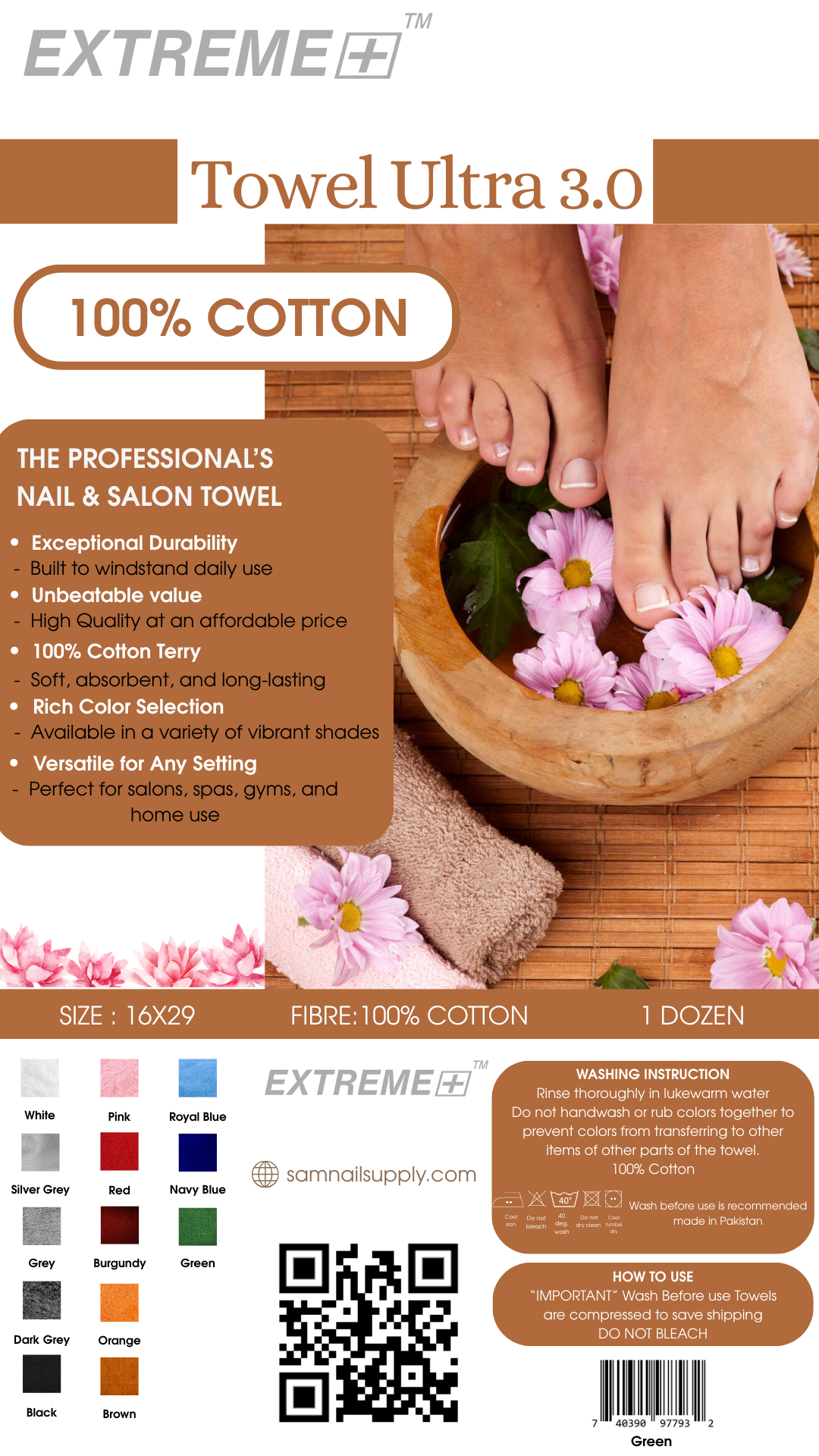 Khăn tắm 100% cotton Extreme+ - Xanh lá cây 16x29 - Gói 12 chiếc (3 pound)