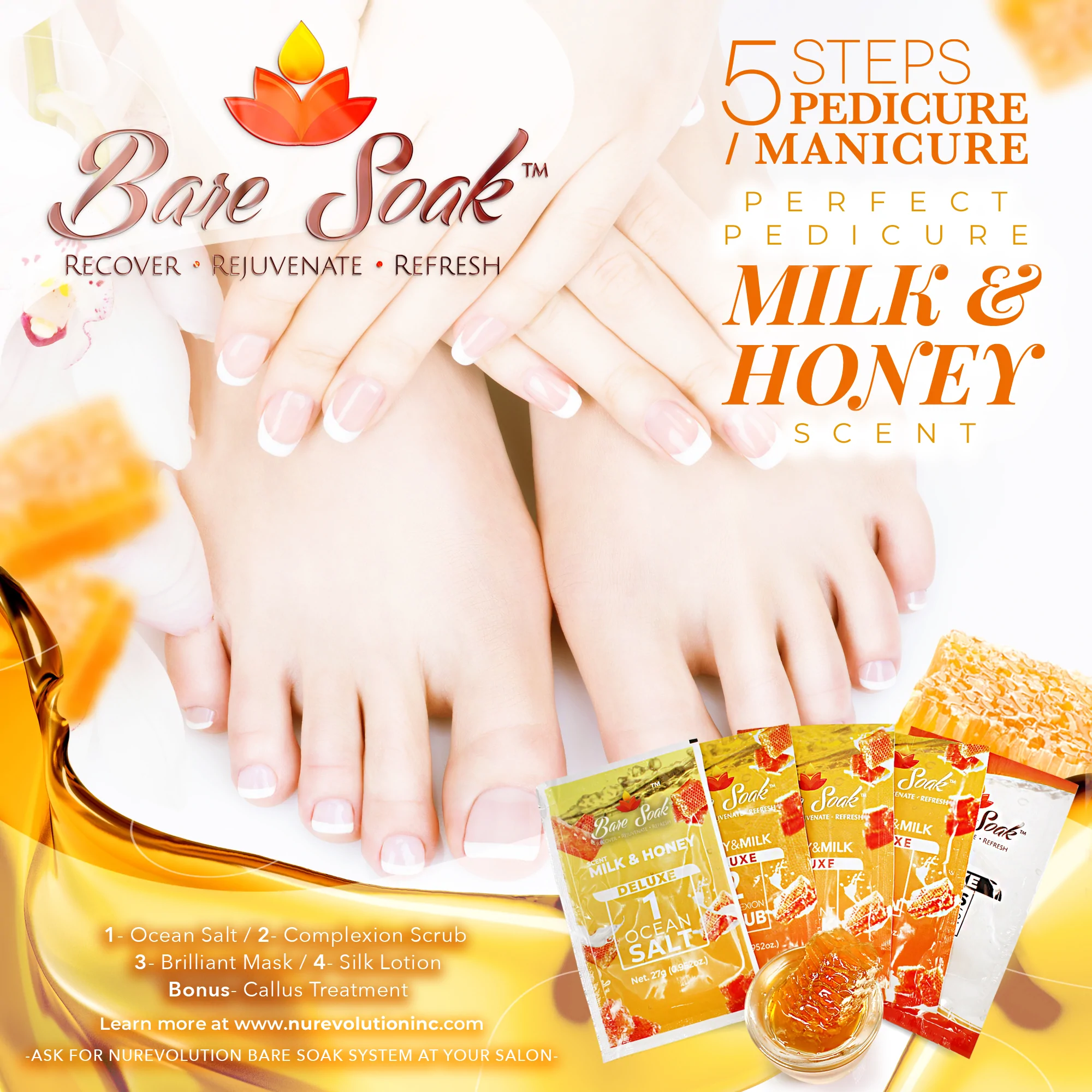 NuRevolution Deluxe 5 Steps Pedicure - Honey & Milk - Case of 50