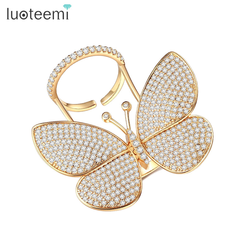 LUOTEEMI Dancing Butterfly Rings for Women Luxury Cubic Zirconia Wedding Engagement Ring for Bridal Korean Fashion Charm Jewelry
