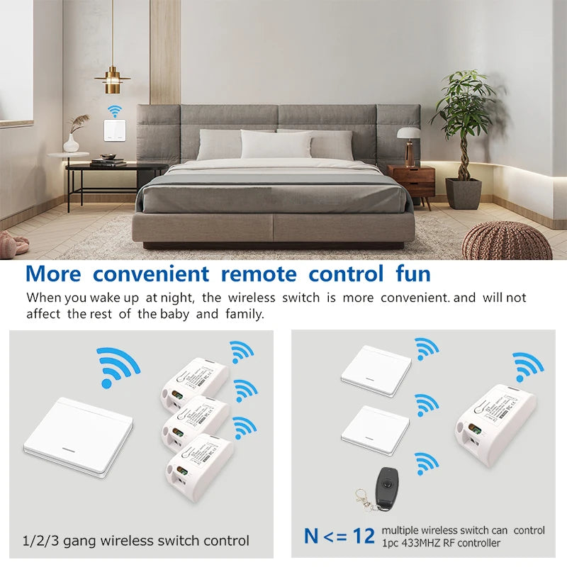 433Mhz Smart Light Switch LED Push Button Switch Universal Wireless Remote Control AC90~250V 10A 1CH Relay controller for Lamp
