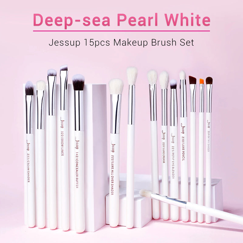 Jessup Professional Makeup Brushes Set 15pcs Make up Brush Pearl White/Silver Tools kit Eye Liner Shader natural-synthetic hair