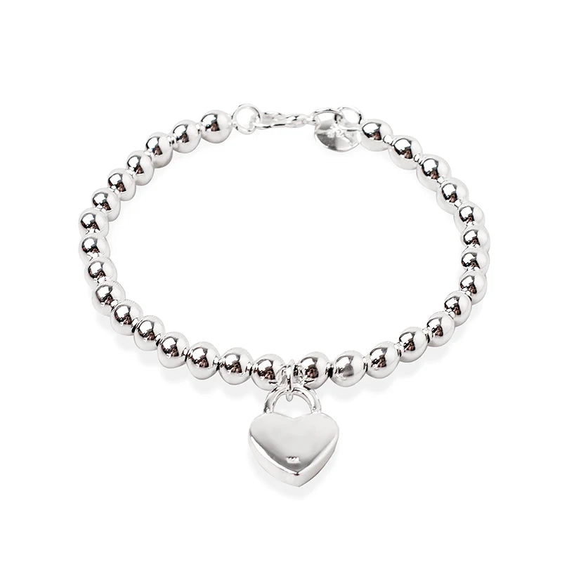 DOTEFFIL 925 Sterling Silver Heart Lock 6mm Beads Chain Bracelets Jewelry Women Top Quality Lovers Bracelets Christmas Gift