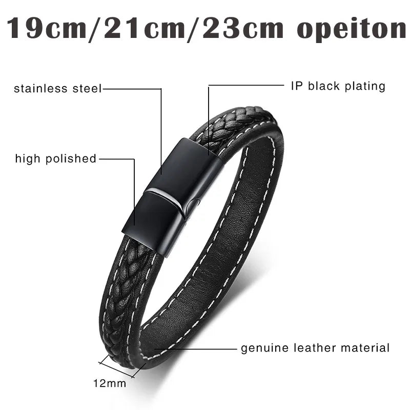 Black Genuine Leather Bracelet for Men Engraving Name Custom Personalized Logo