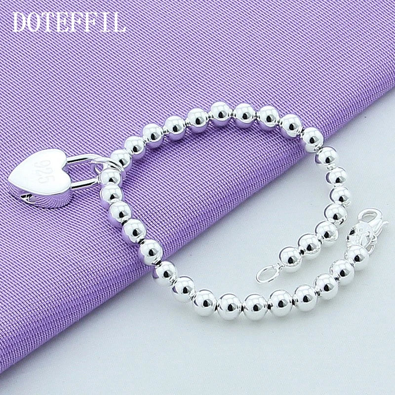 DOTEFFIL 925 Sterling Silver Heart Lock 6mm Beads Chain Bracelets Jewelry Women Top Quality Lovers Bracelets Christmas Gift