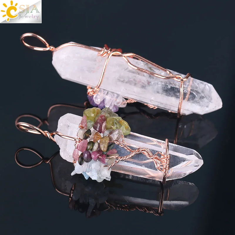 CSJA Natural Stone Rock Crystal Pendant Reiki Chakra Tree of Life Handmade Wire Wrapped Clear Quartz Pendant for Necklace F517