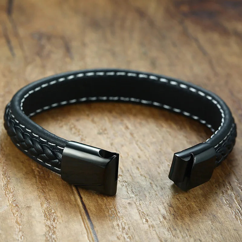 Black Genuine Leather Bracelet for Men Engraving Name Custom Personalized Logo