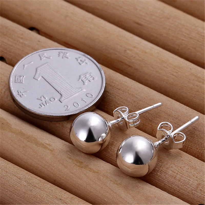 DOTEFFIL 925 Sterling Silver 8/10/12mm Round Smooth Solid Bead Ball Stud Earrings For Women Wedding Engagement Party Jewelry