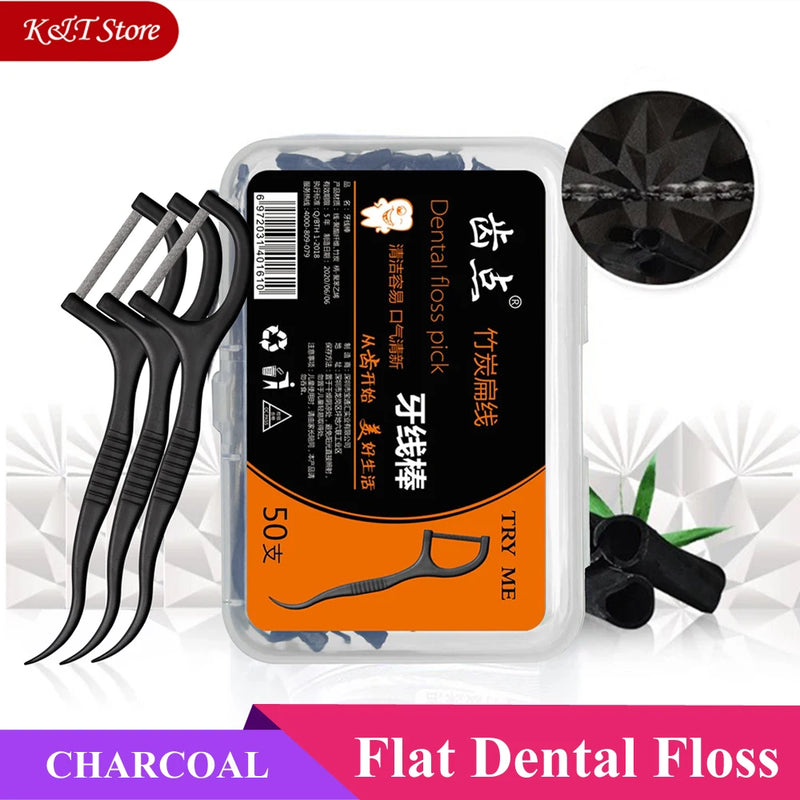 Flat dental floss bamboo charcoal hilo dental toothpick teeth cleaning organic dental teeth floss black teeth stick