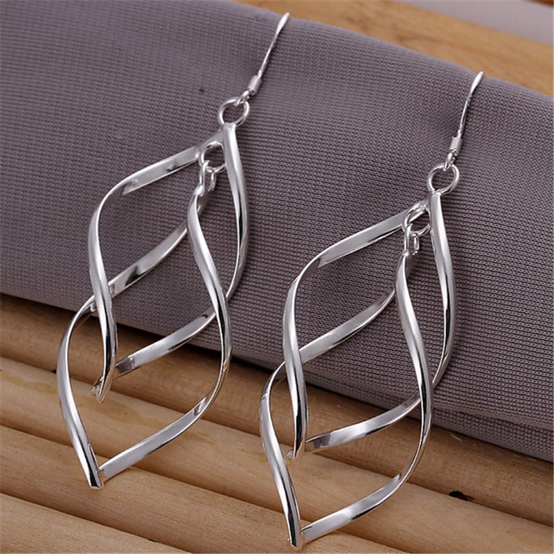 DOTEFFIL 925 Sterling Silver Geometric Surround Twist Drop Earrings For Women Wedding Engagement Jewelry