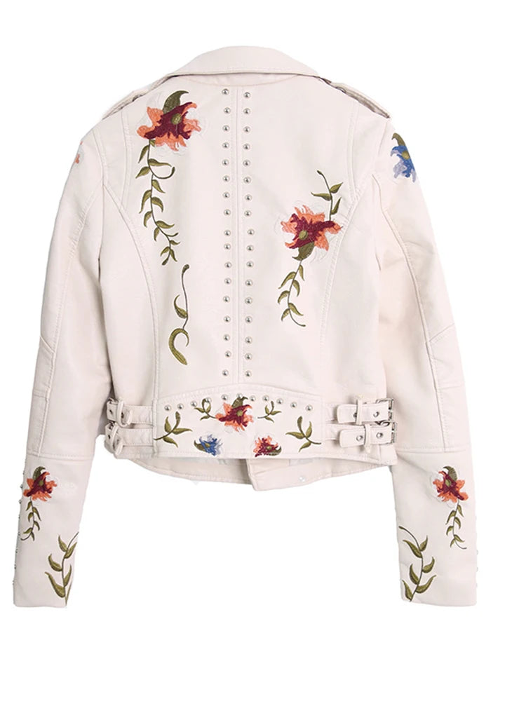 Ftlzz Women Floral Print Embroidery Faux Soft Leather Jacket Coat  Turn-down Collar Casual Pu Motorcycle Black Punk Outerwear