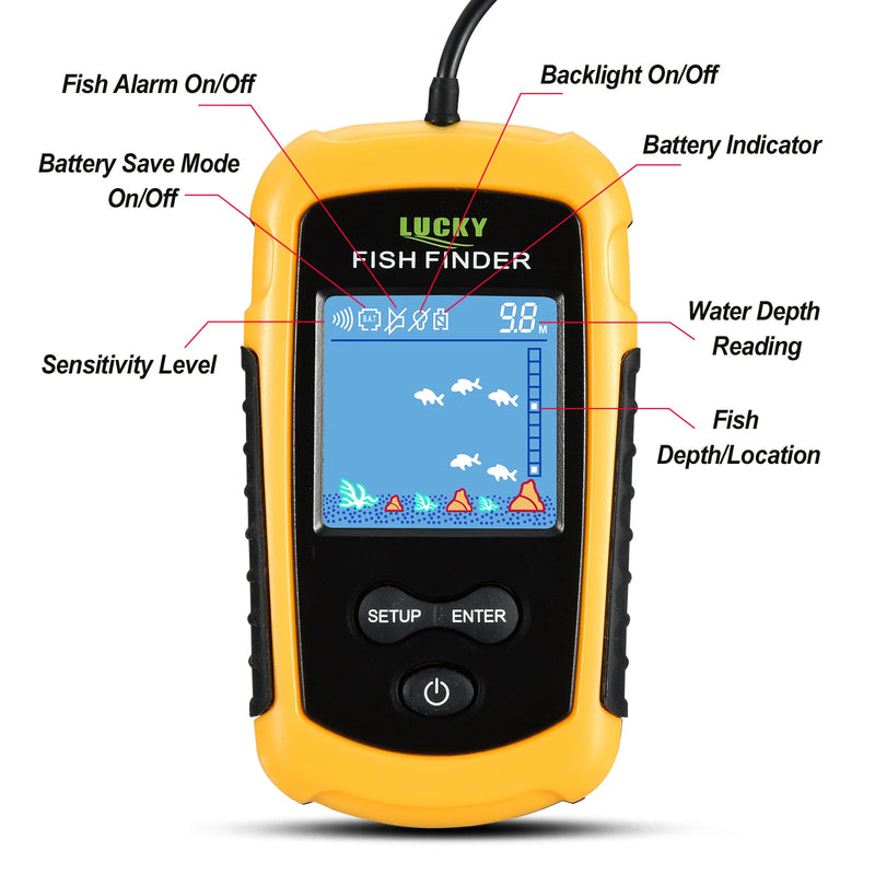 FFC1108-1 Alarm 100M Portable Sonar Fish Finders 45 degrees Sonar Coverage Echo Sounder Alarm Transducer Lake Sea Fishing