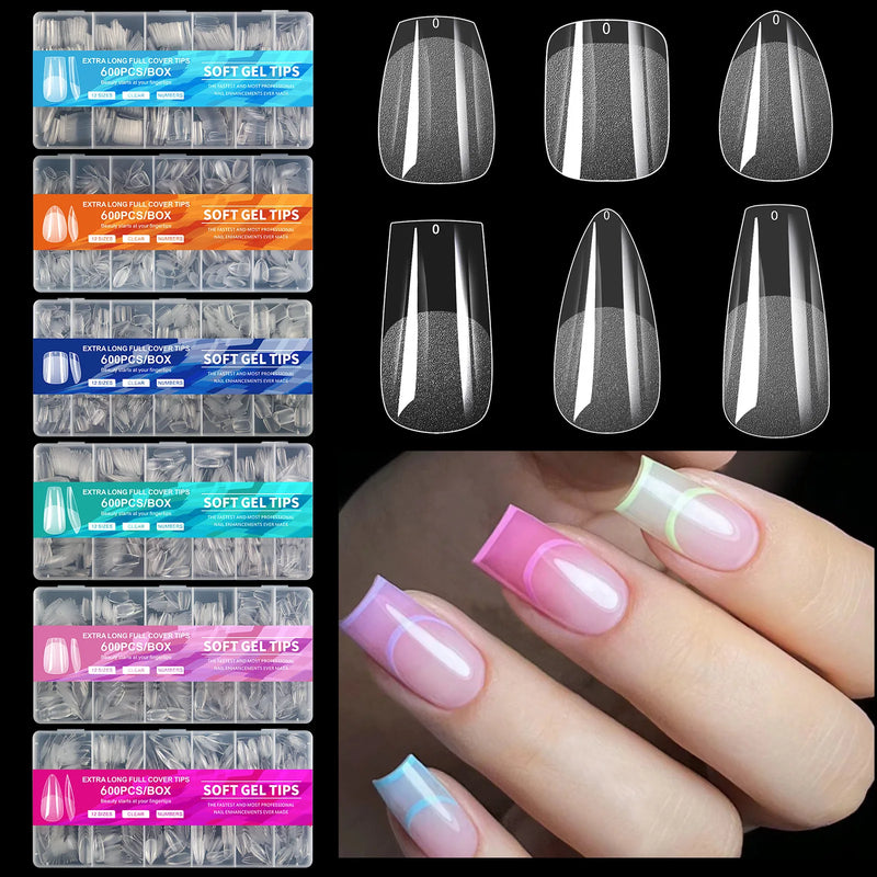 600Pcs Full Cover Press On Nail Tips Stiletto Almond Square Coffin French False Fake Soak Off Gel Nail Extension Tips Capsule