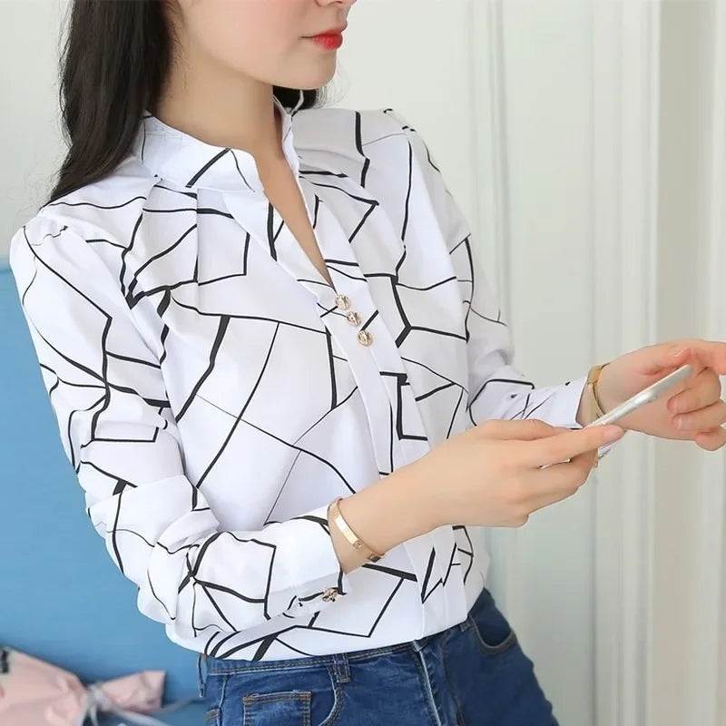 JFUNCY Women White Tops Women's Blouses Fashion Stripe Print Casual Long Sleeve Office Lady Work Shirts Female Slim Blusas