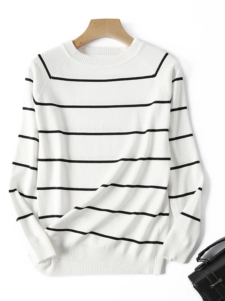 2022 Autumn Winter Long Sleeve Striped Pullover Women Sweater Knitted Sweaters O-Neck Tops Korean Pull Femme Jumper Female White