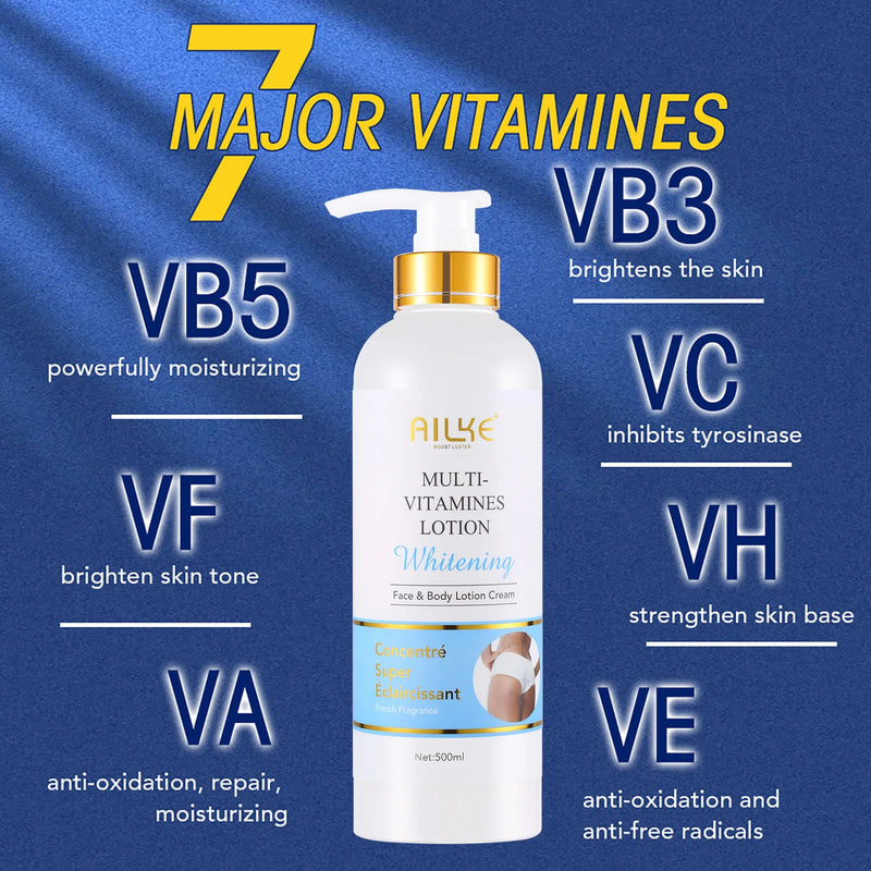 AILKE Multi Vitamin Whitening Body Lotion,With Vitamins A,E,B3,B5, Increase Skin Radiance,Even Skin Tone,Daily Moisturizer Cream