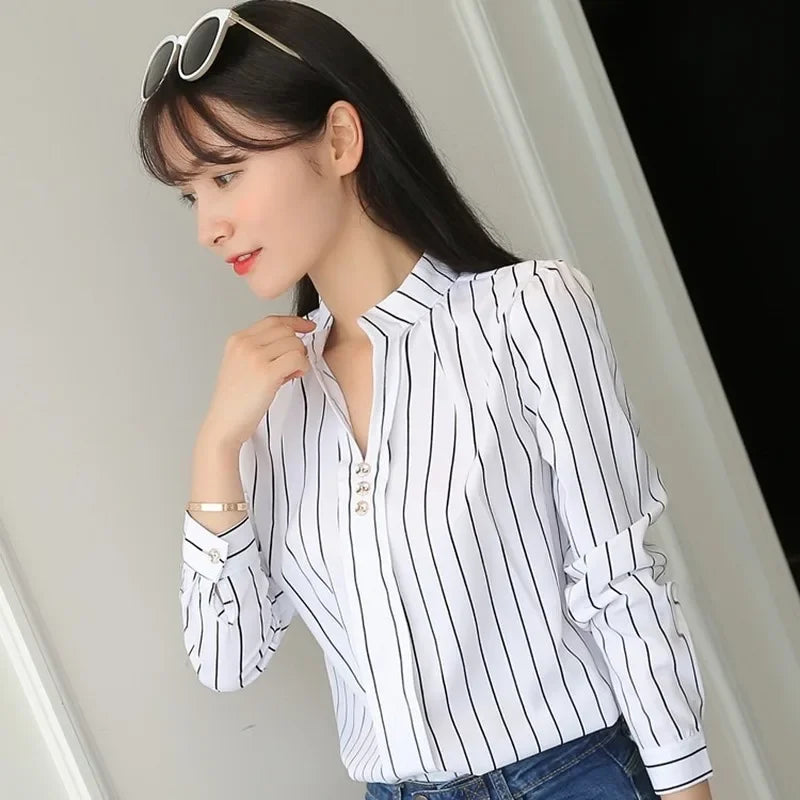 JFUNCY Women White Tops Women's Blouses Fashion Stripe Print Casual Long Sleeve Office Lady Work Shirts Female Slim Blusas
