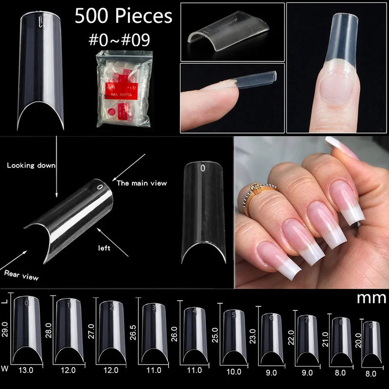 500/550pcs Water Pipe Square Nail Tips XL Clear/Nature Half Cover False Nail Tips 0-9 size Square Extend Long False Nail Tip%TD