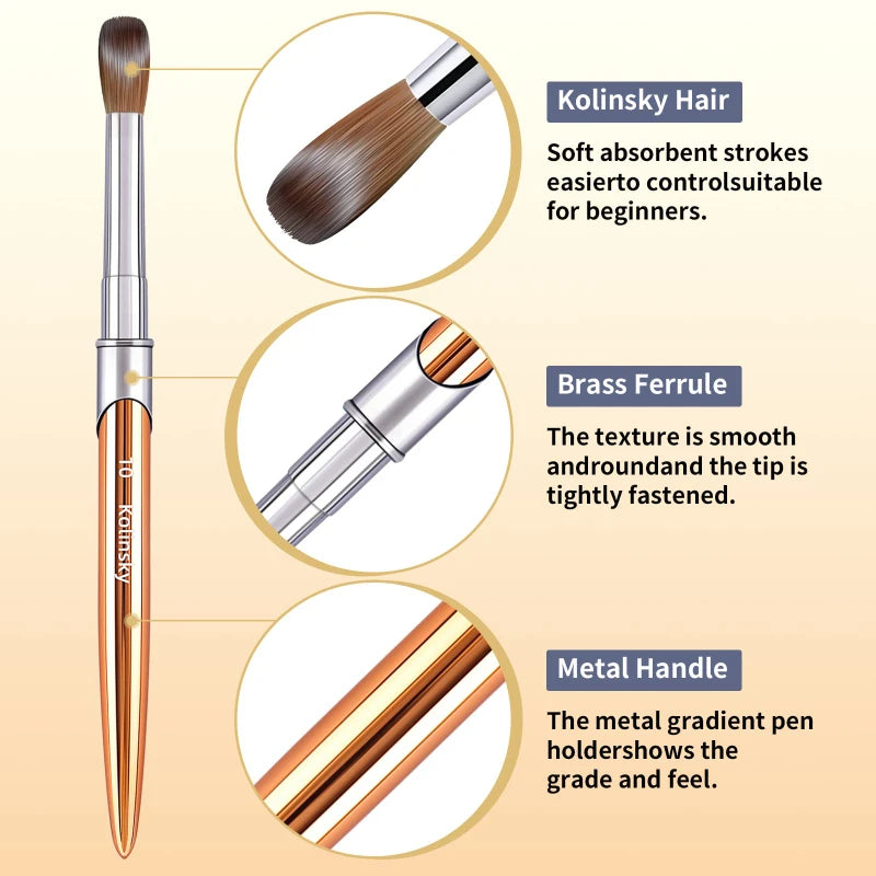 100% Kolinsky Acrylic Nail Brush Oval Crimped Gold Handle Professional Salon Quality for Acrylic Powder Size 2-18#