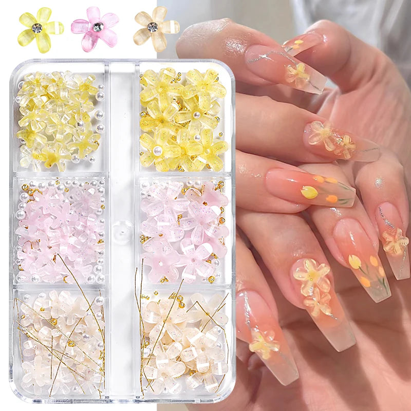 6Grids Acrylic Flower 3D Nail Art Decorations Resin Charms Gold Beads Caviar Pearl Mixed Rhinestones Accessories Manicure