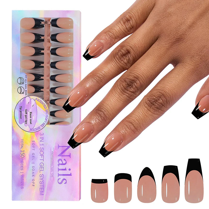 150pcs/Boxed French Gel Tips Press On Nails Black Coffee Almond Nails 15 Sizes Pre-applied Fake Nails For Manicure Extension