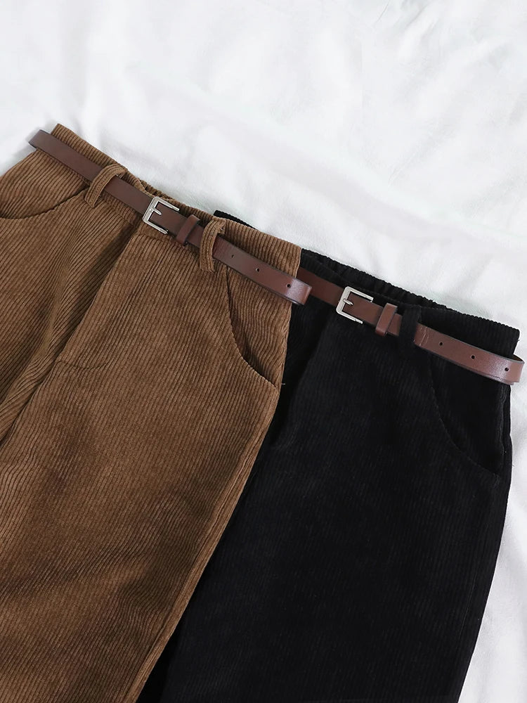JMPRS Women Spring Corduroy Pants High Waist Autumn Vintage Korean Casual Wide Leg Pants Elegant Belt Loose Cotton Streetwear