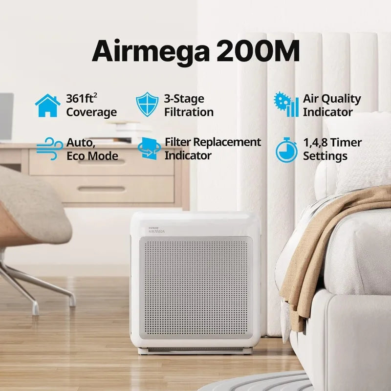 Coway Airmega 200M True HEPA and Activated-Carbon Air Purifier, 361 sq.ft, AP-1518R - White or Black