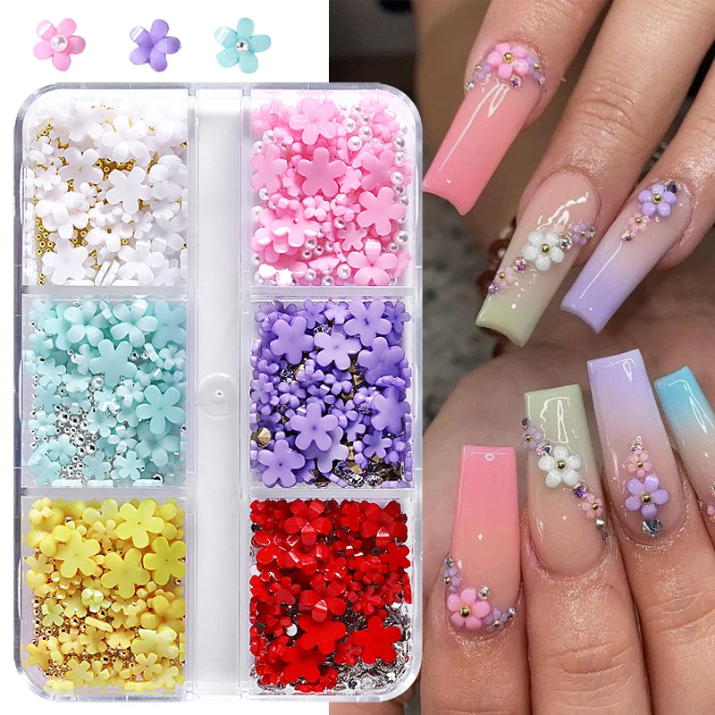 6Grids Acrylic Flower 3D Nail Art Decorations Resin Charms Gold Beads Caviar Pearl Mixed Rhinestones Accessories Manicure
