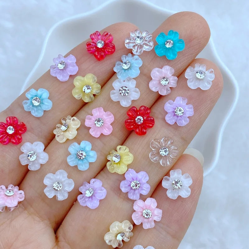 50pcs 3D Charms Kawaii Mini Diamond Flower Nail Art Jewelry Manicure Nail Decoration Accessories