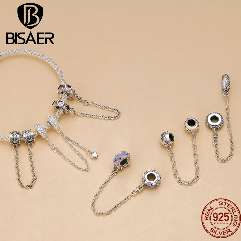 BISAER 925 Sterling Silver Safety Chain Collection Heart Star Charms  Silicone Bead Fit Women Bracelet Fine Jewelry Accessories