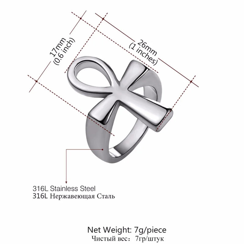 U7 Stainless Steel Ankh Cross Key of Life Ring for Women Men Egyptian Hieroglyphs Writing Symbol Charms Religion Egypt Jewelry
