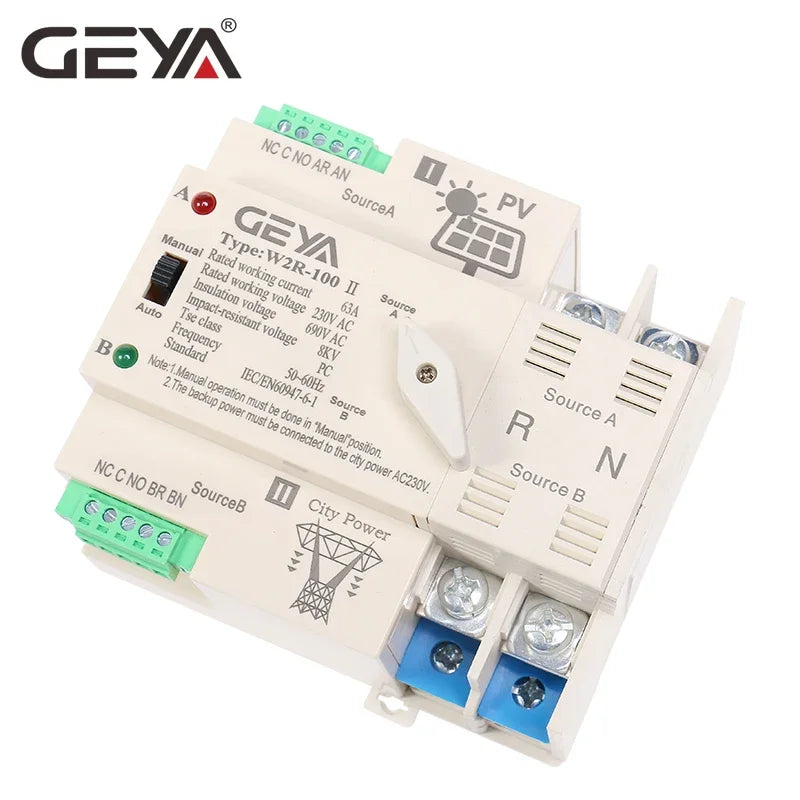 GEYA on-Grid Solar Power Automatic Transfer Switch Din Rail 2P 3P 4P 63A  100A AC220V ATS PV System Power to City Power W2R