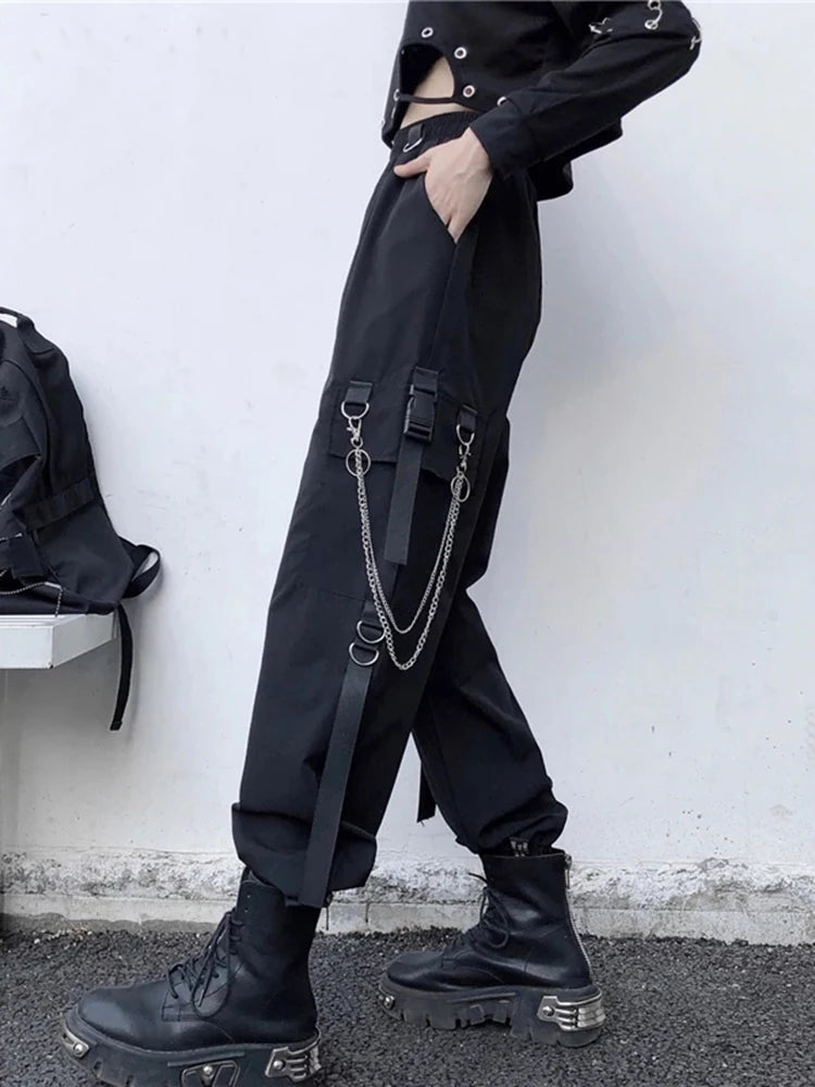 Women Cargo Pants  Harem Pants Fashion Punk Pockets Jogger Trousers With Chain Harajuku Elastics High Waist Streetwear