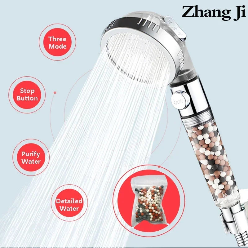 ZhangJi 3 Modes Adjustable High Pressure Shower Head Tourmaline Replaceable Filter SPA Shower Water Saving  Switch Button Shower