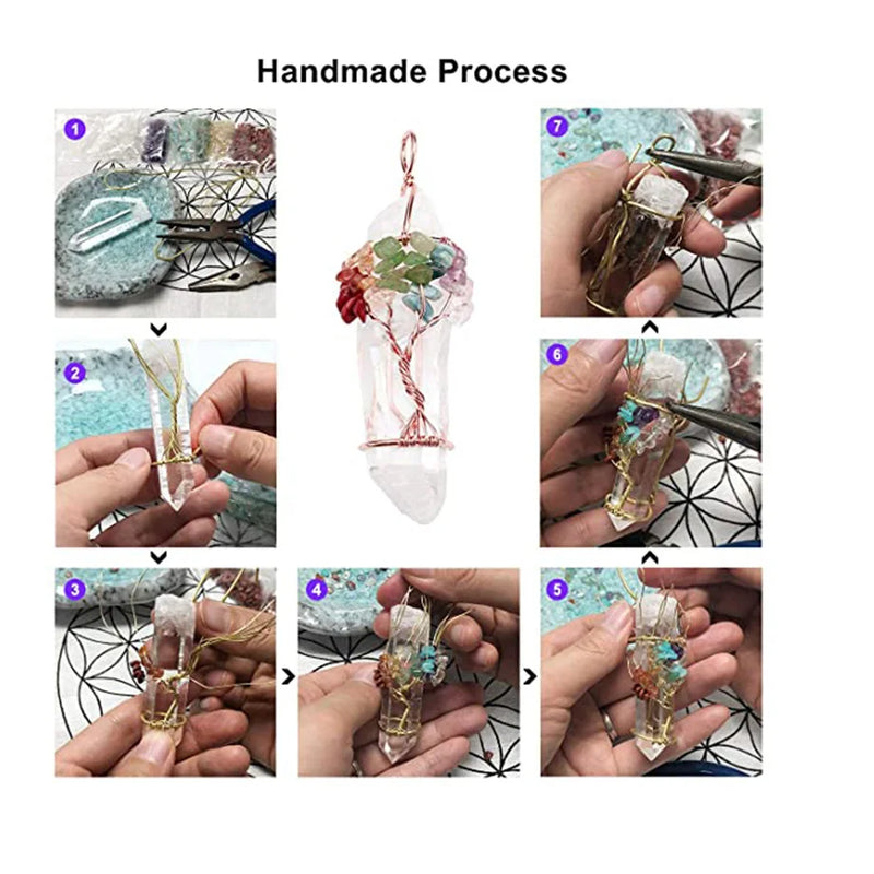 CSJA Natural Stone Rock Crystal Pendant Reiki Chakra Tree of Life Handmade Wire Wrapped Clear Quartz Pendant for Necklace F517
