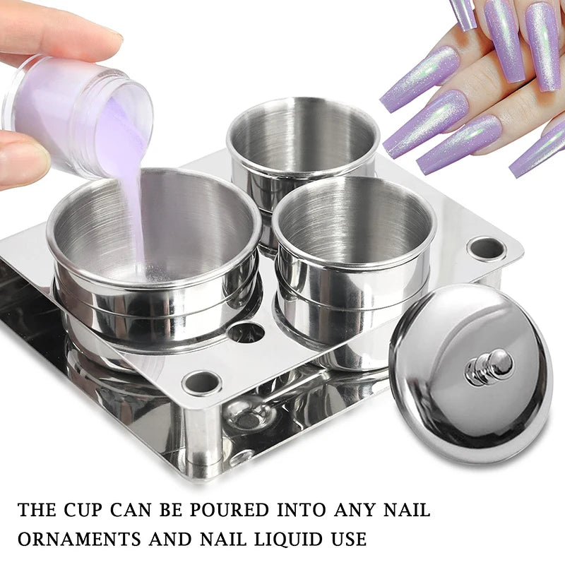 3pcs/set Manicure Acrylic Liquid Powder Stainless Steel Container Tray Dappen Dish Disinfectant Cup With Metal Lid Nail Art Tool
