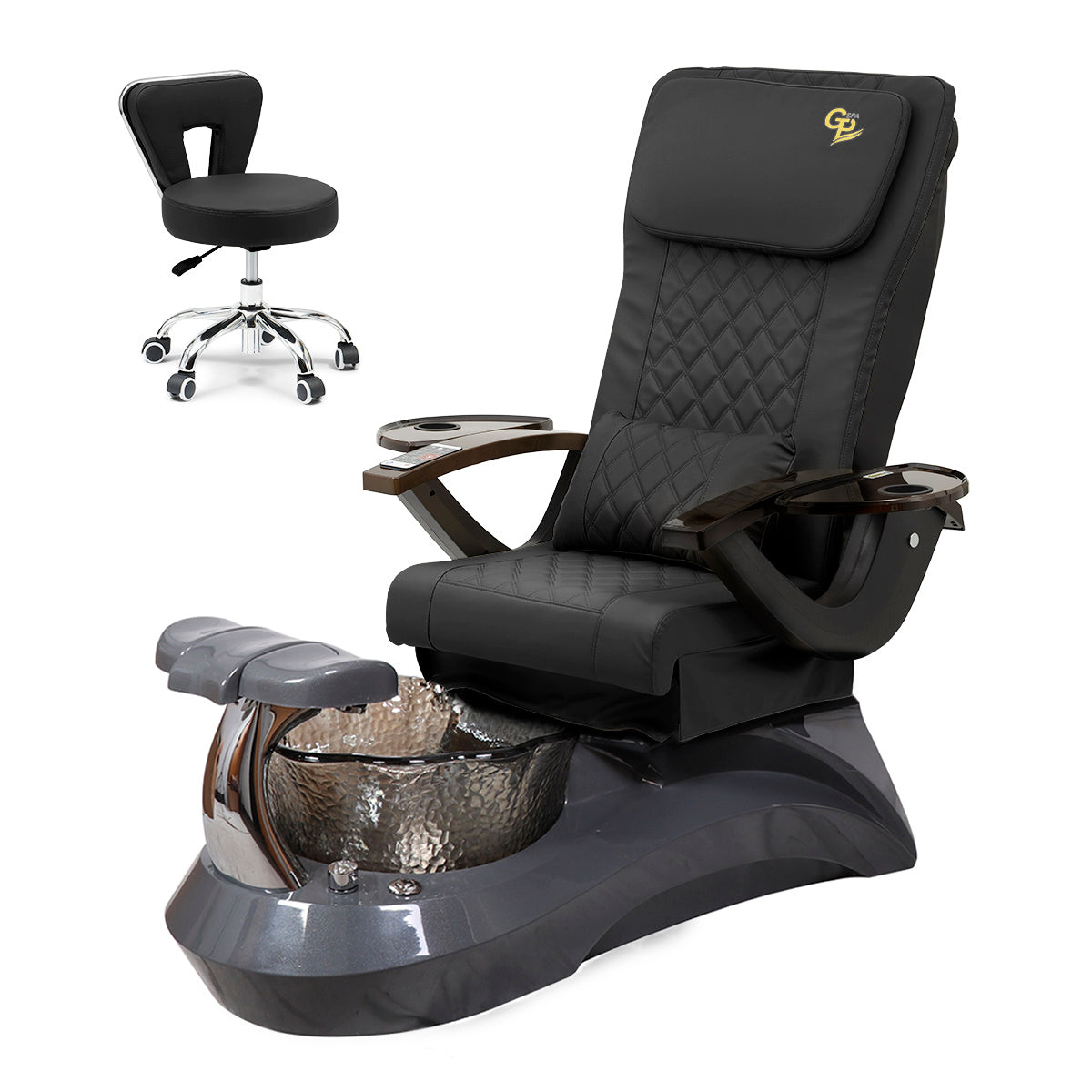 Falcon Pedicure Spa Chair Complete Set with Pedi Stool - Gray Base - Black Bowl - C01 Leather