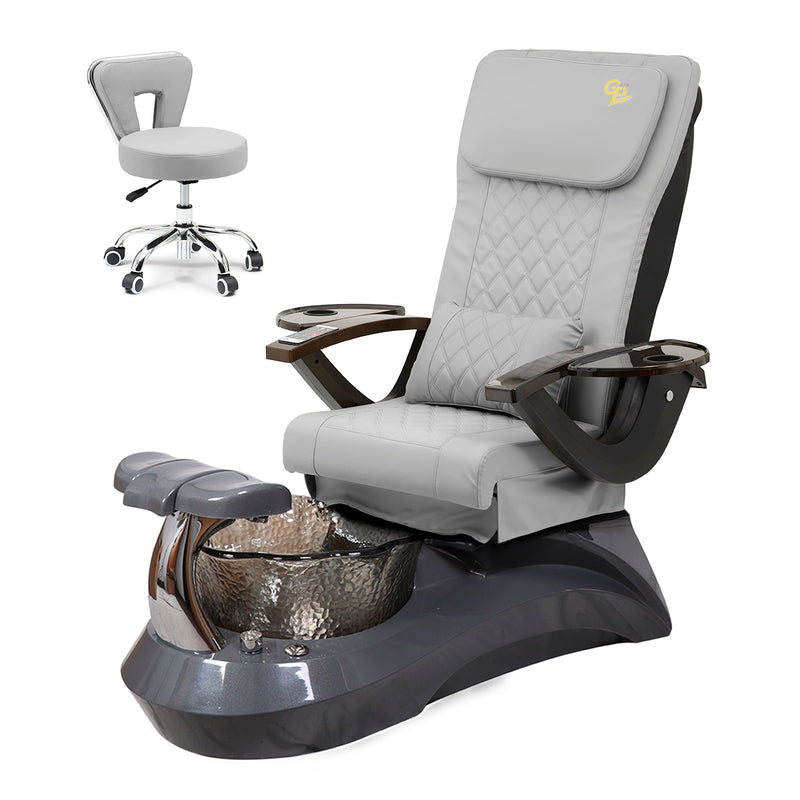 Falcon Pedicure Spa Chair Complete Set with Pedi Stool - Gray Base - Black Bowl - C01 Leather