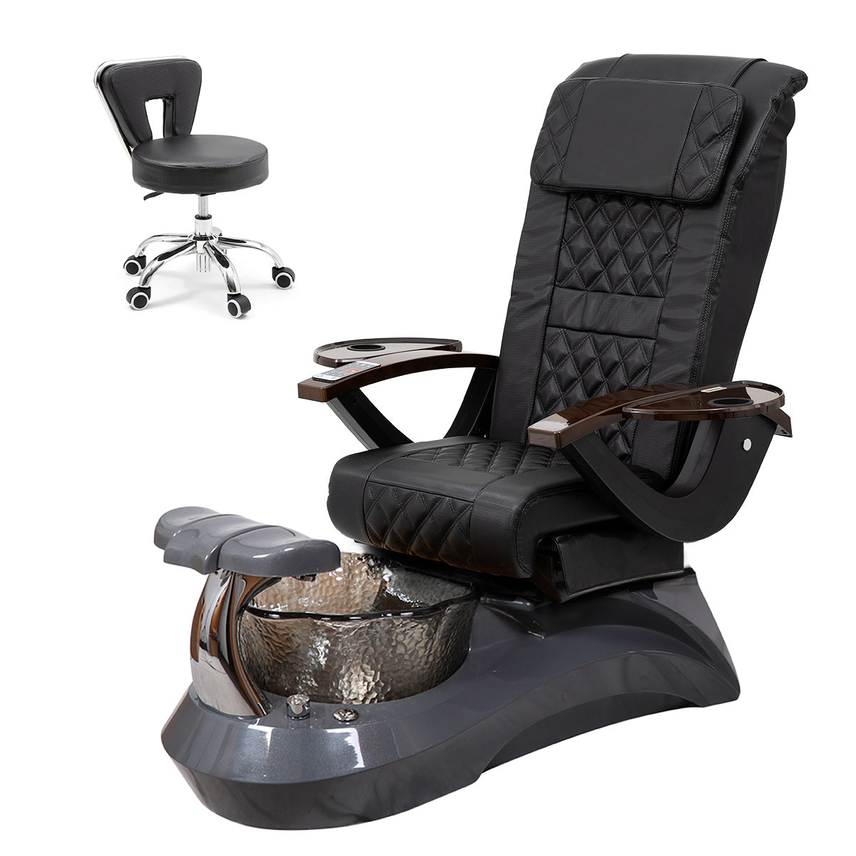 Falcon Pedicure Spa Chair Complete Set with Pedi Stool - Gray Base - Black Bowl - Carbon Fiber