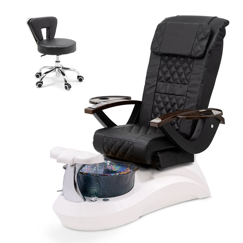 Falcon Pedicure Spa Chair Complete Set with Pedi Stool - White Base - Black Bowl - Carbon Fiber
