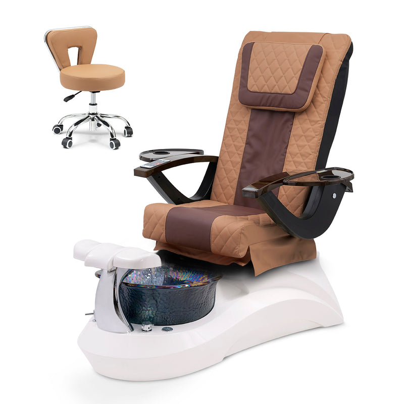 Falcon Pedicure Spa Chair Complete Set with Pedi Stool - White Base - Black Bowl - Diamond Leather