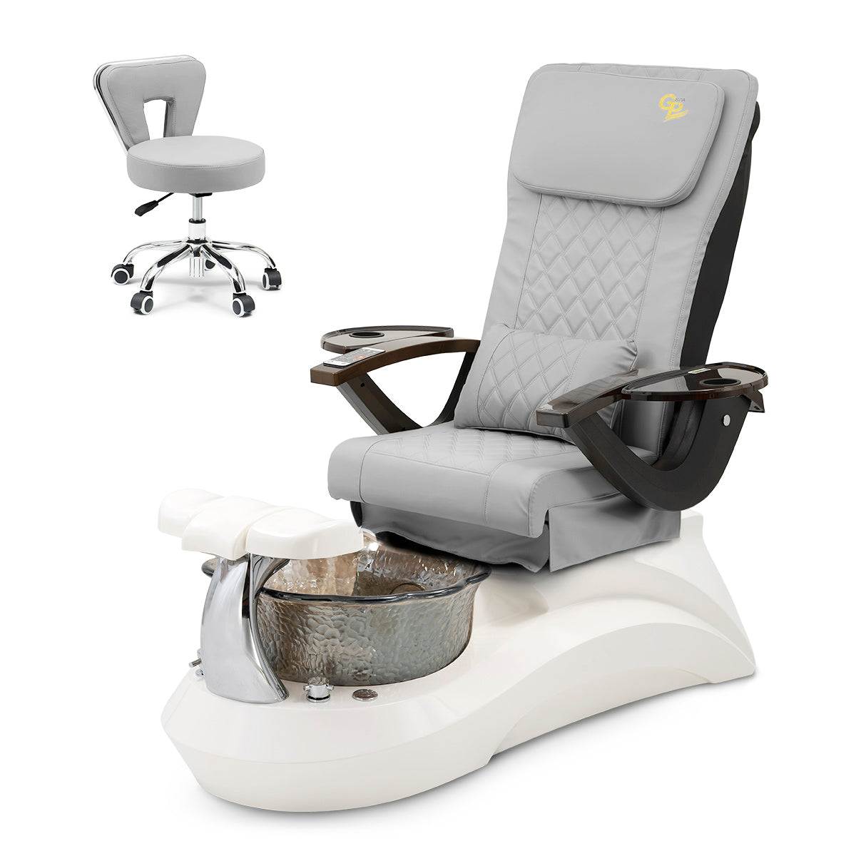 Falcon Pedicure Spa Chair Complete Set with Pedi Stool - White Base - Smoky Bowl - C01 Leather