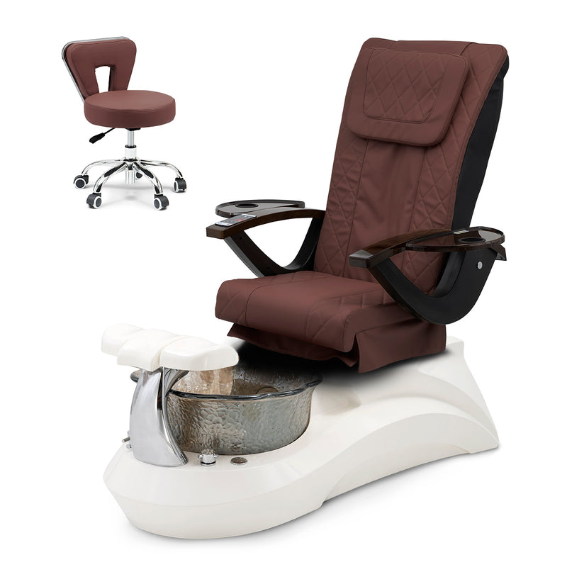 Falcon Pedicure Spa Chair Complete Set with Pedi Stool - White Base - Smoky Bowl - Diamond Leather