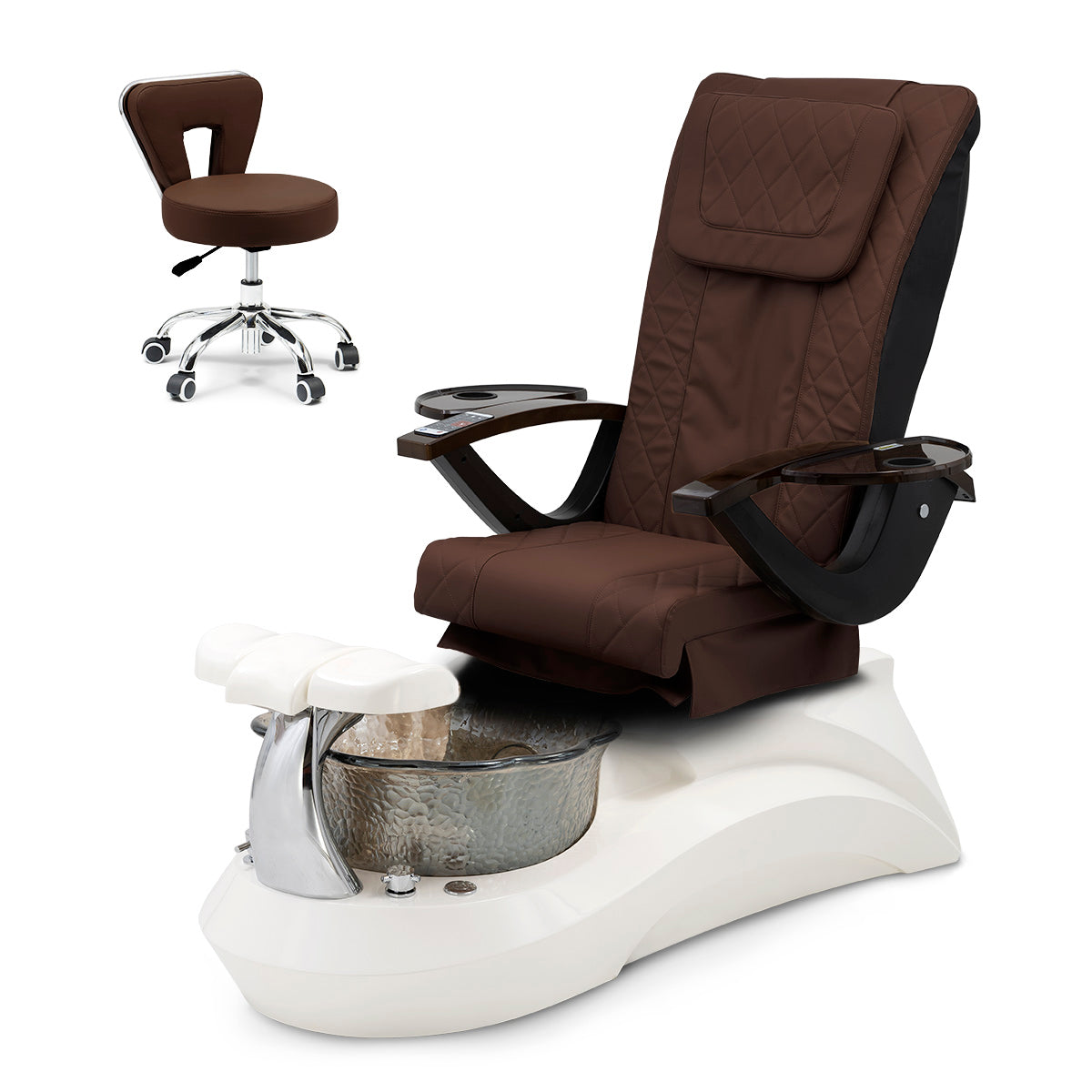 Falcon Pedicure Spa Chair Complete Set with Pedi Stool - White Base - Smoky Bowl - Diamond Leather