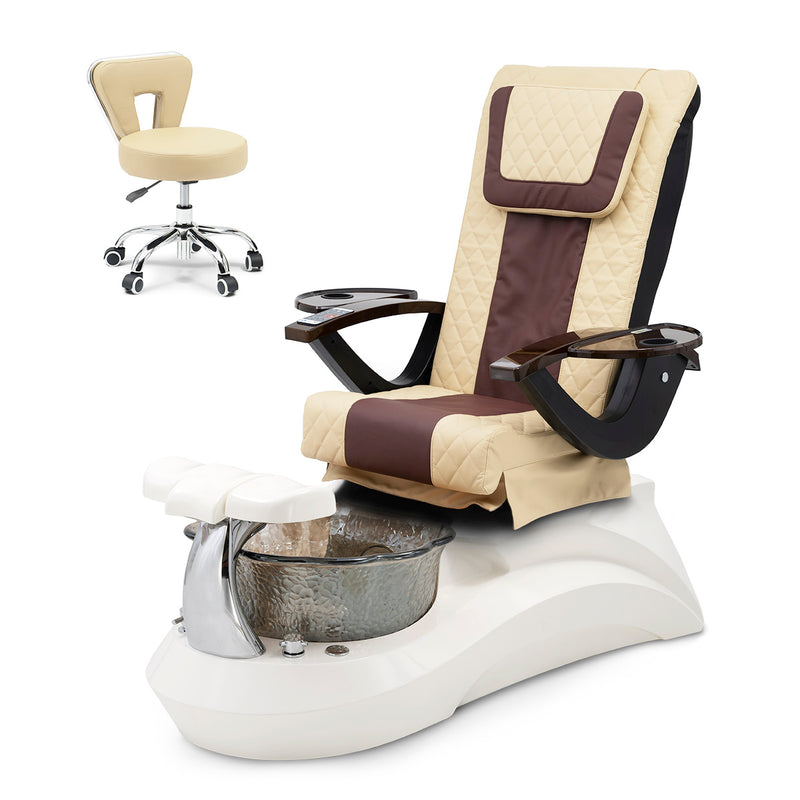 Falcon Pedicure Spa Chair Complete Set with Pedi Stool - White Base - Smoky Bowl - Diamond Leather