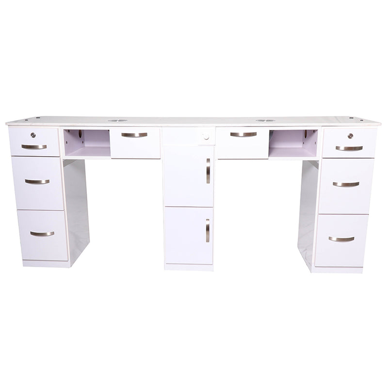 Nail Table - T20W - Double Station with Vent Hood - White Shiney Silver