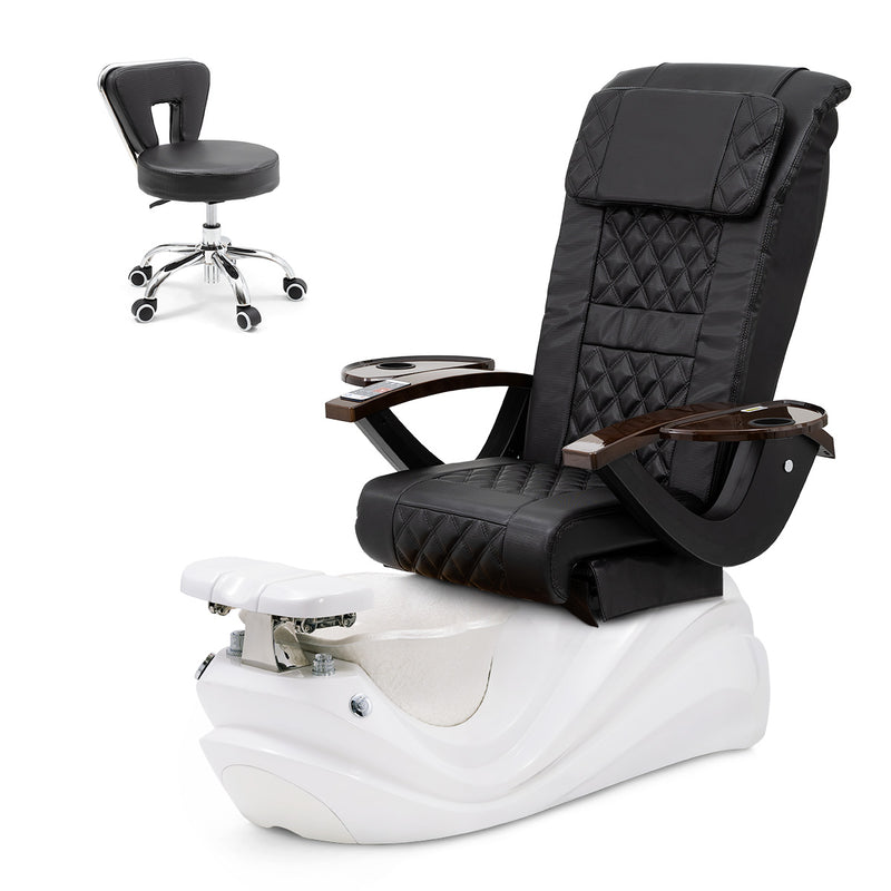 Lotus Pedicure Spa Chair Complete Set with Pedi Stool - White Base - Pearl White Resin Bowl - Carbon Fiber