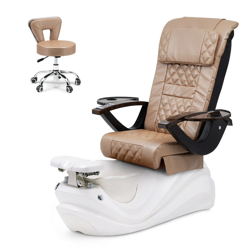 Lotus Pedicure Spa Chair Complete Set with Pedi Stool - White Base - Pearl White Resin Bowl - Carbon Fiber