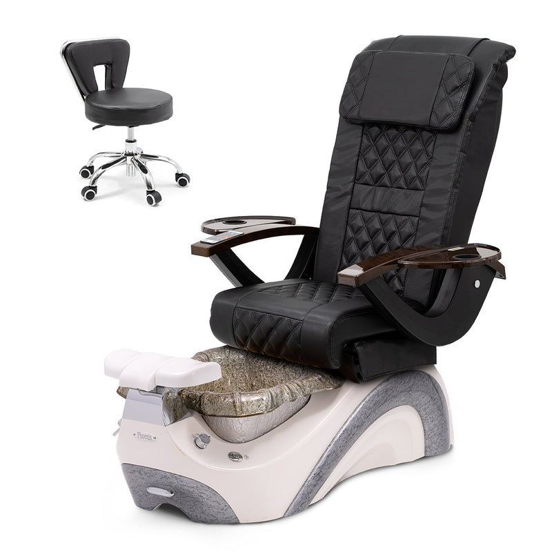 Phoenix Pedicure Spa Chair Complete Set with Pedi Stool - Pearl White Base - Silver Glass Bowl - Carbon Fiber