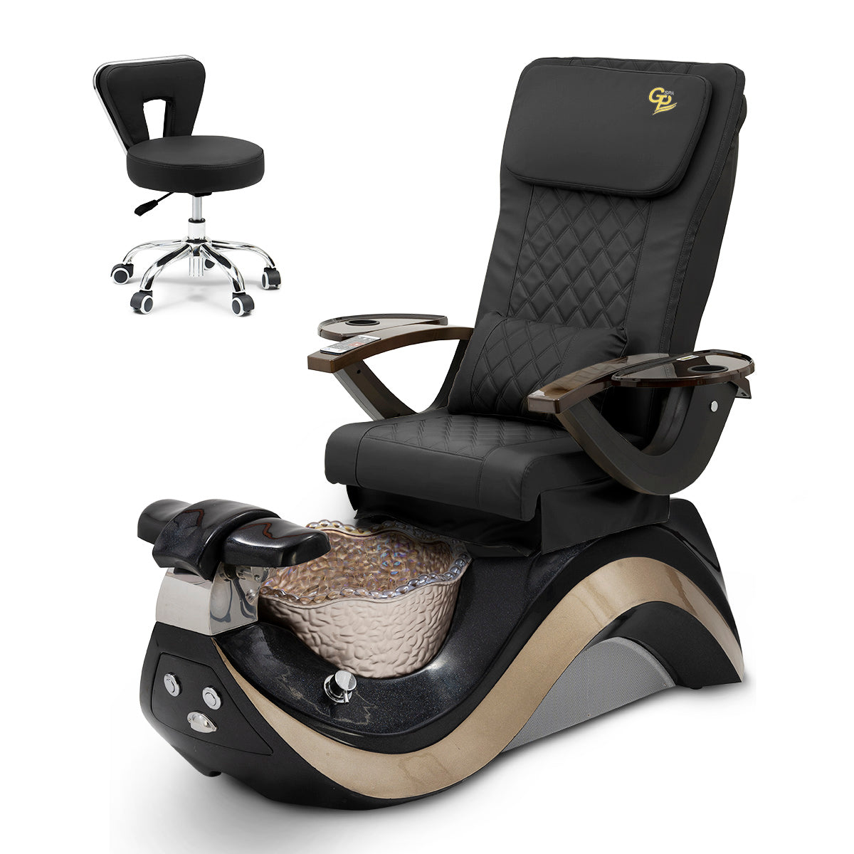 Robin Pedicure Spa Chair Complete Set with Pedi Stool - Black Base - Gold Bowl - C01 Leather