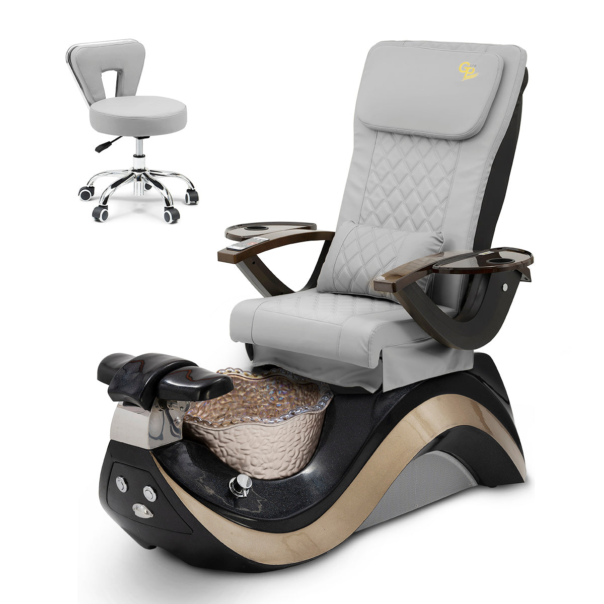 Robin Pedicure Spa Chair Complete Set with Pedi Stool - Black Base - Gold Bowl - C01 Leather